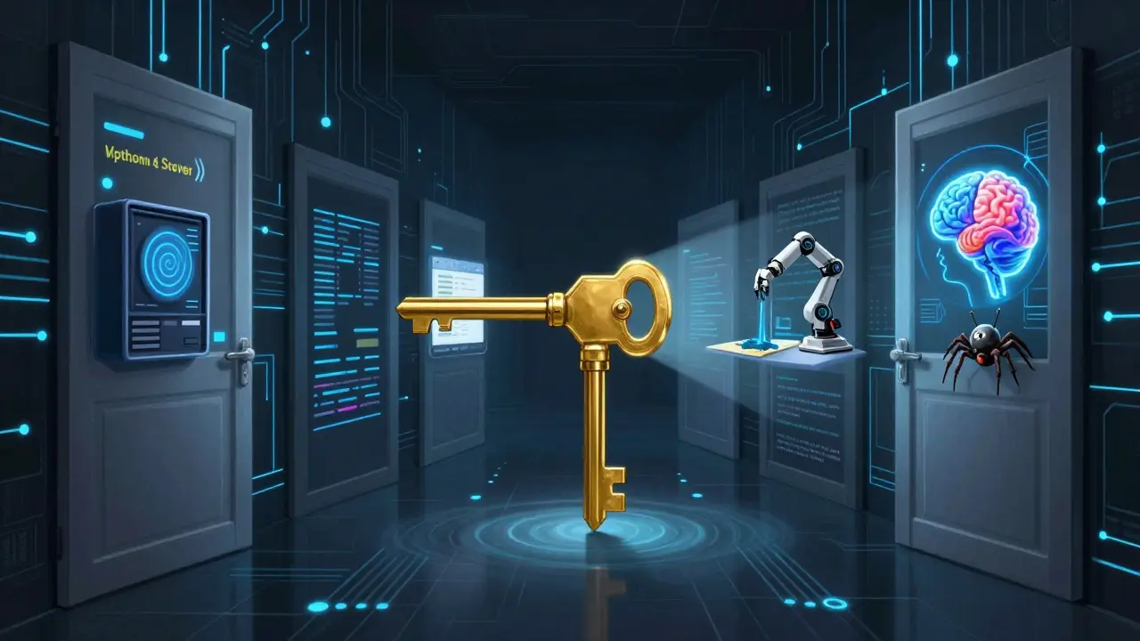 Goldener Schlüssel aus Python-Code öffnet Türen zu verschiedenen Berufen in einer digitalen Halle.