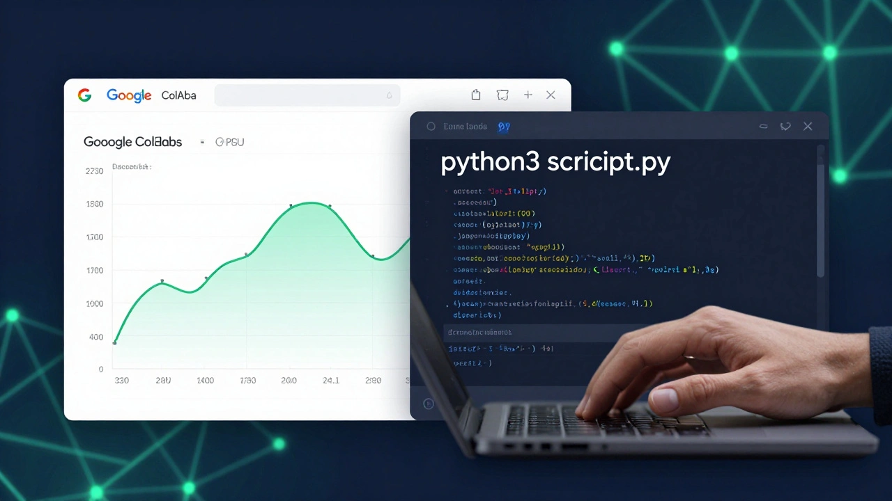 Google Colab mit Datenvisualisierung neben einem Terminal mit Python-Befehl, digitale Konzeptdarstellung.