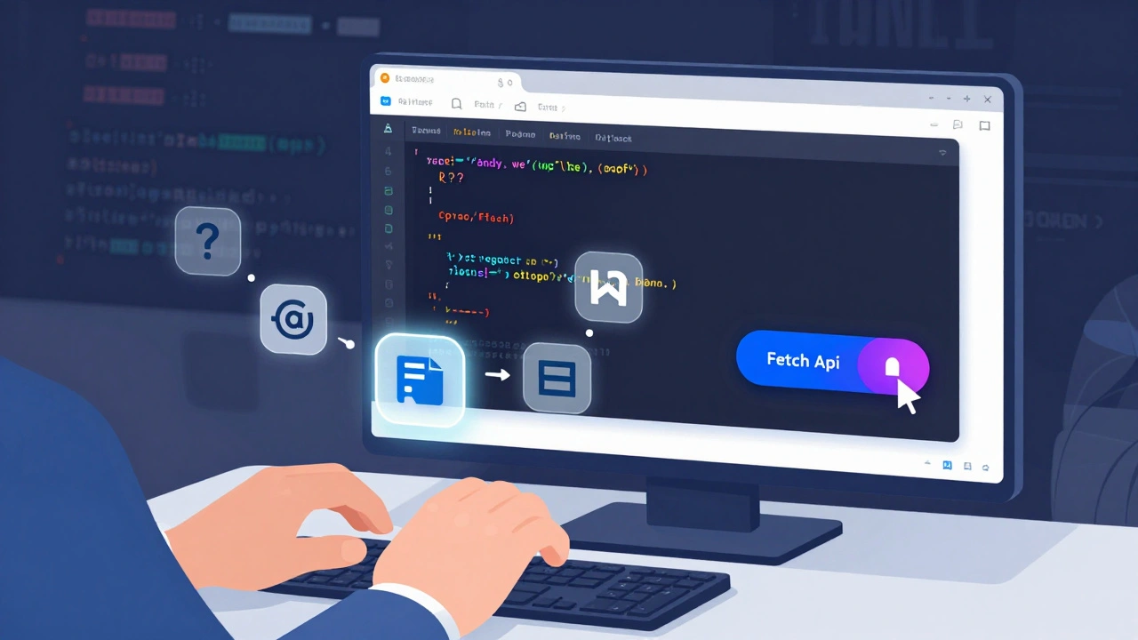 Hand tippt JavaScript-Code, während ein interaktiver Button im Browser die Farbe ändert.