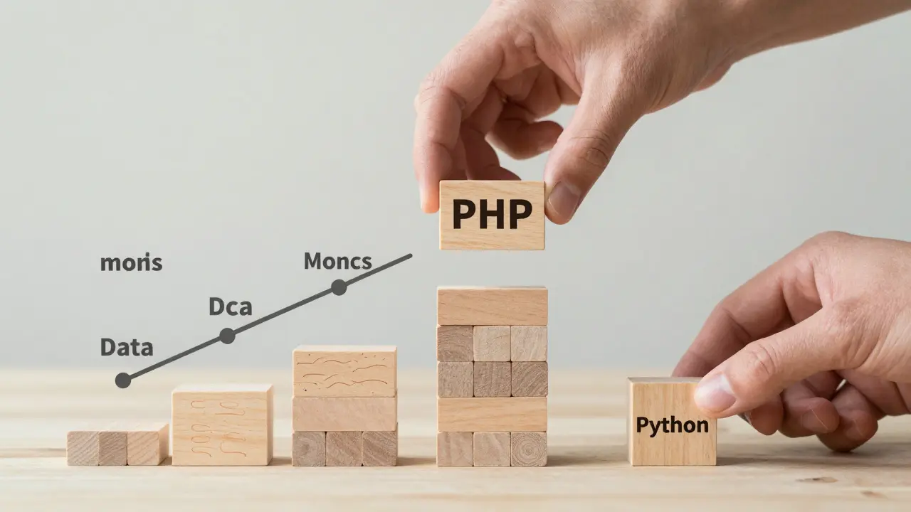 Hände legen Blöcke mit 'PHP' und 'Python' auf einen wachsenden Turm, symbolisiert den schrittweisen Lernfortschritt.