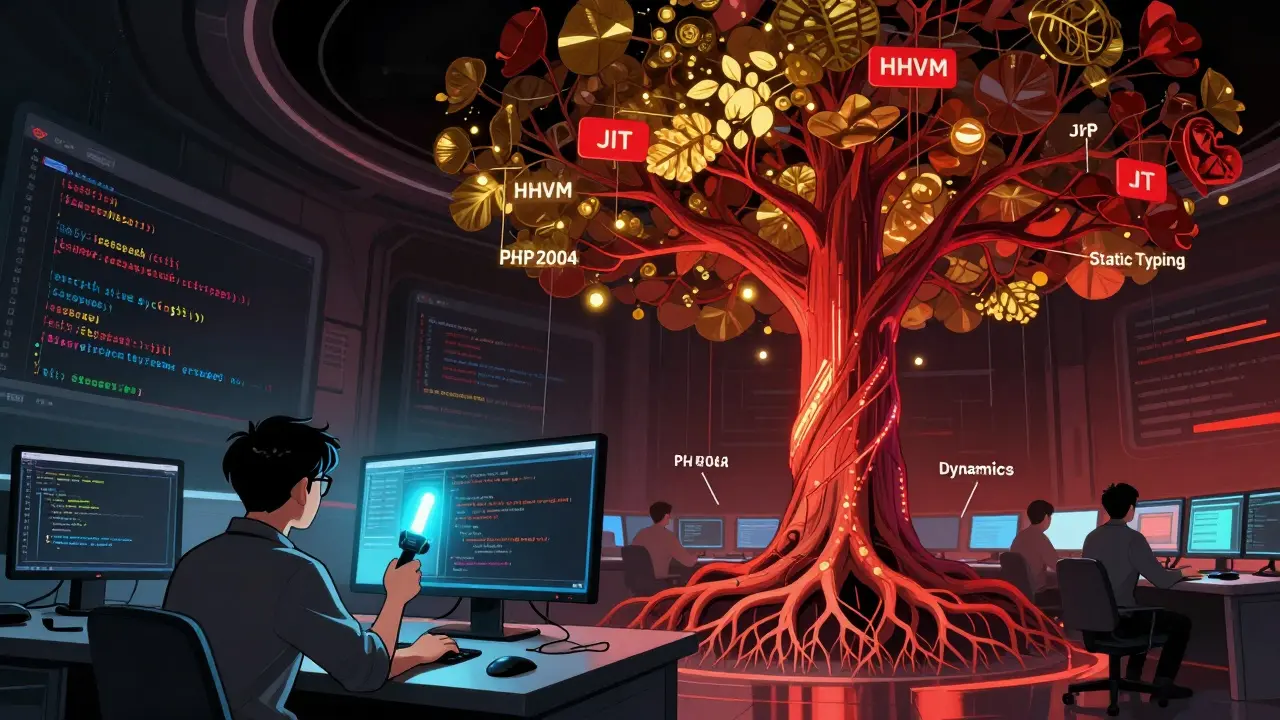 In Comic-Style: Entwickler verwandeln PHP-Code in Hack-Syntax, während eine digitale Baumstruktur aus der Codebasis wächst.