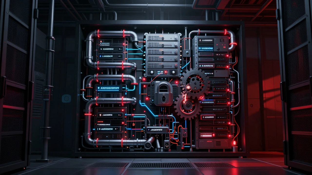 Innere Mechanik eines Servers mit JavaScript-Knoten und Sicherheitsschlössern