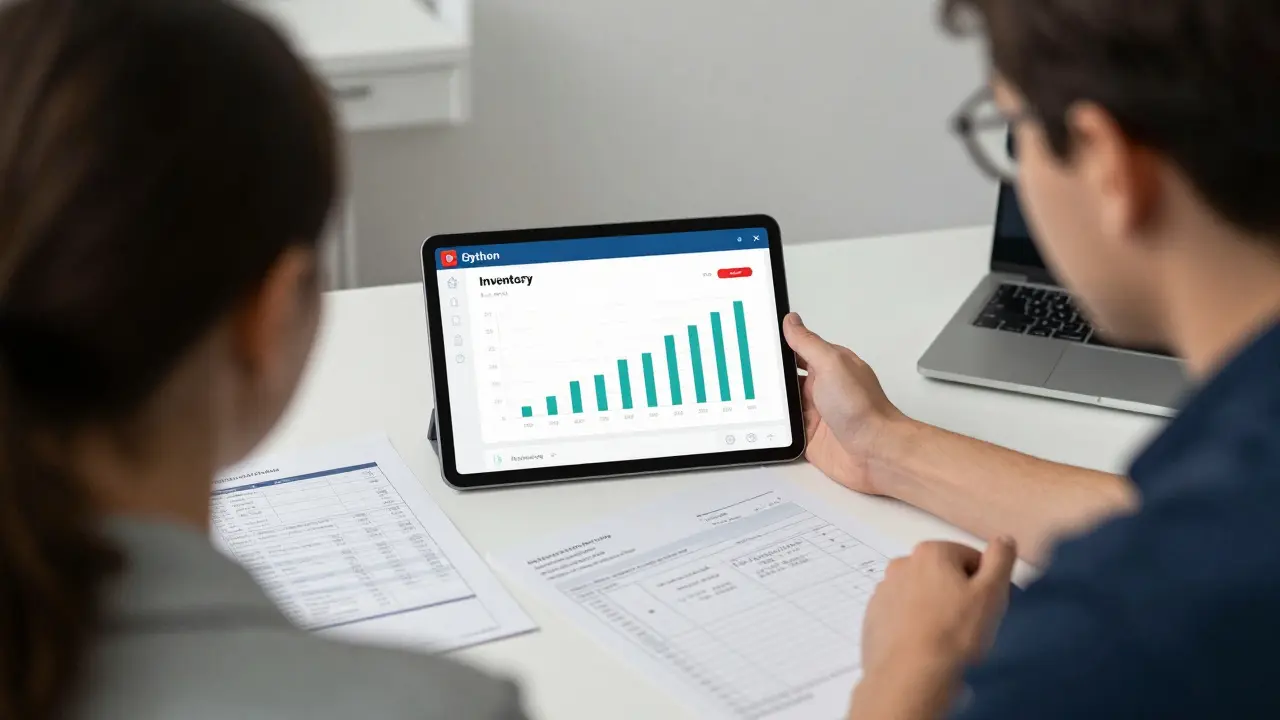 Junge Fachkraft zeigt einem Team ein Python-Dashboard zur Lagerverwaltung in einem kleinen Büro.