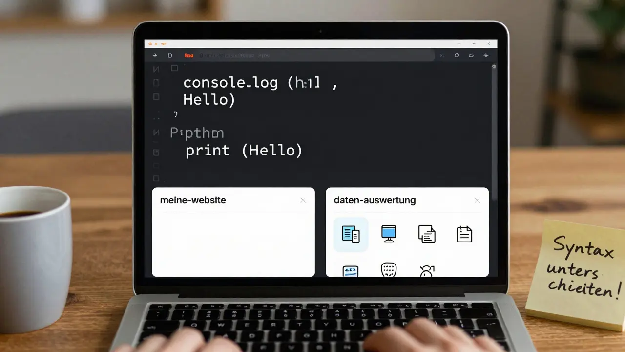 Laptop mit side-by-side JavaScript- und Python-Code, daneben zwei ordentlich benannte Projektmappen auf einem Schreibtisch.