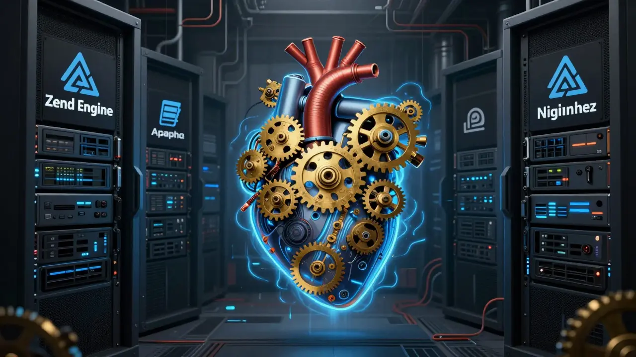 Mechanische Herzstruktur aus C-Code und Messingzahnrädern in einem Server-Rack