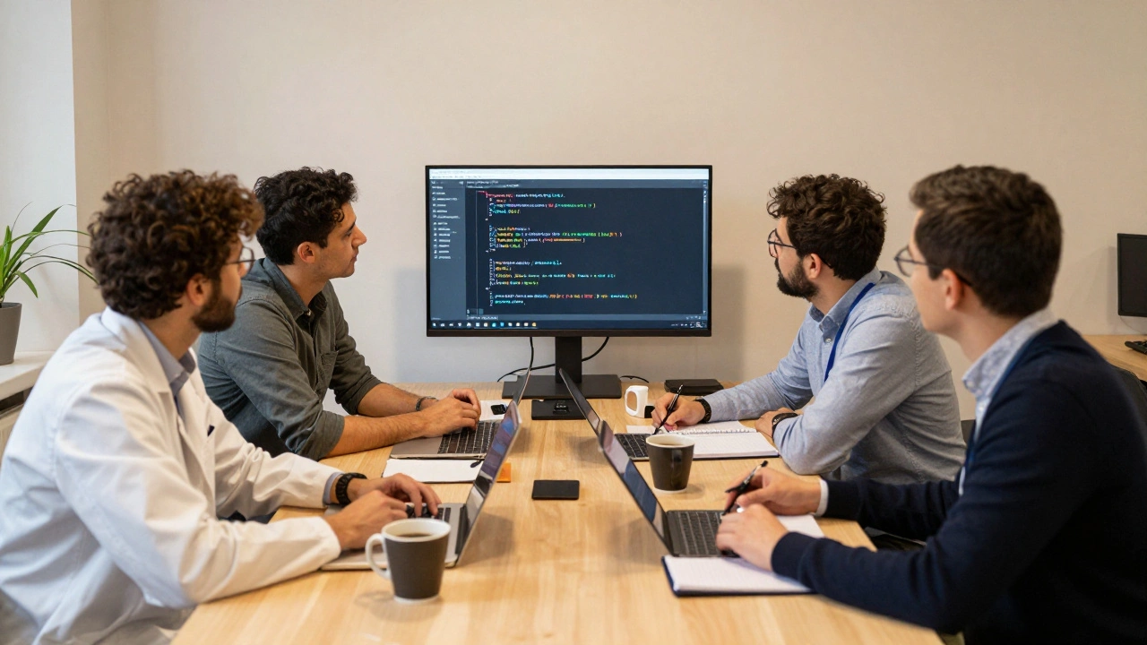 Professionelle aus verschiedenen Branchen arbeiten gemeinsam an Python-Skripten in einem Co-Working-Space.