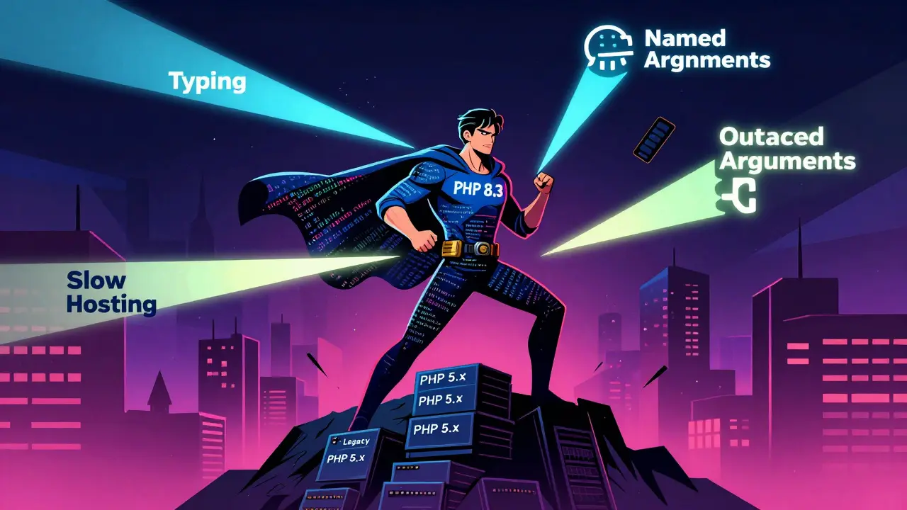 Superheld 'PHP 8.3' besiegt veraltete Webtechnologien mit modernem Code.