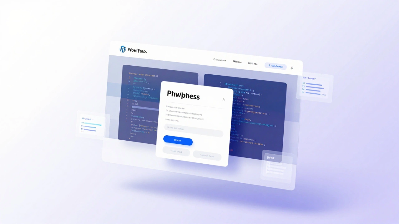 Transparente Webseite mit darunterliegendem PHP-Code und Datenbank-Symbolen