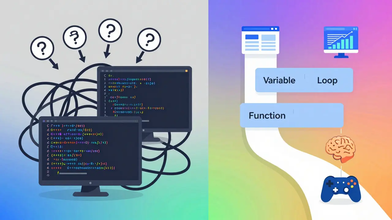 Vergleich von komplexem Code links und einfachem Python-Code rechts, der zu verschiedenen Anwendungen führt.