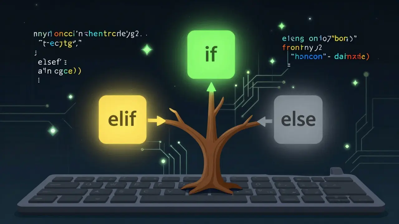 Verzweigter Baum mit farbigen Pfaden für if, elif und else in Python.