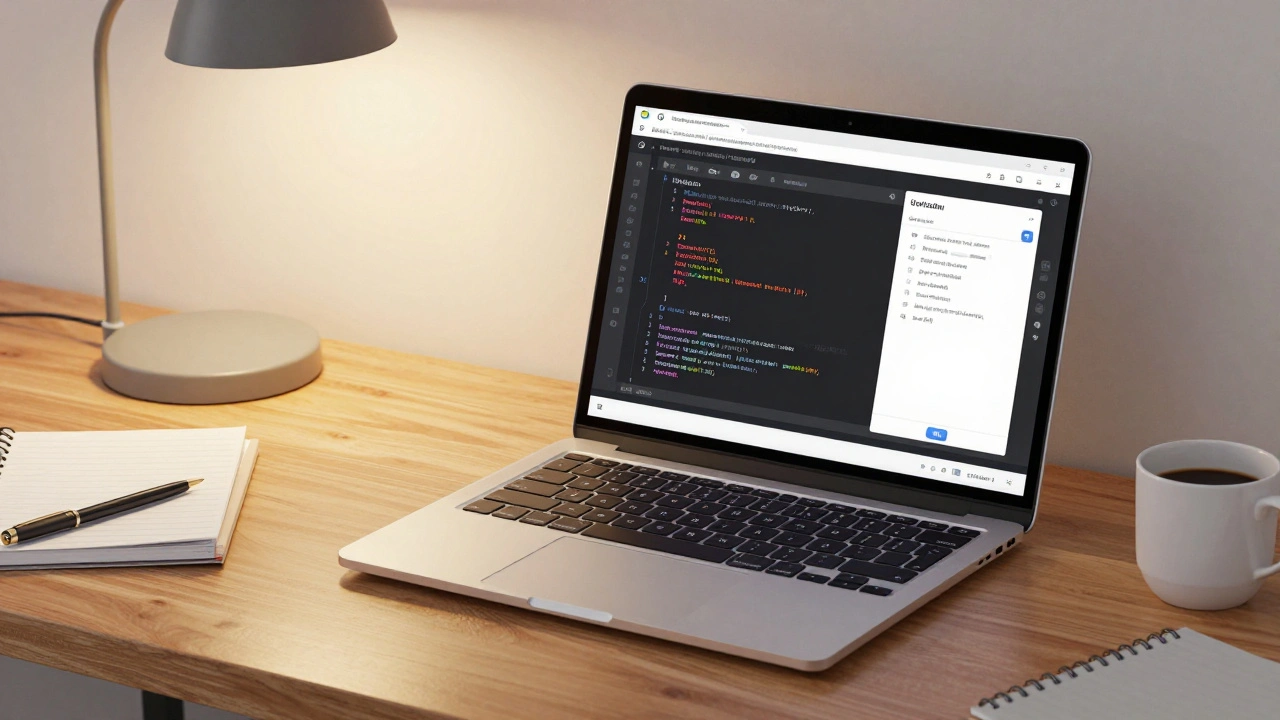 Visual Studio Code mit Python-Code und Jupyter-Notebook auf einem Laptop im Arbeitszimmer.