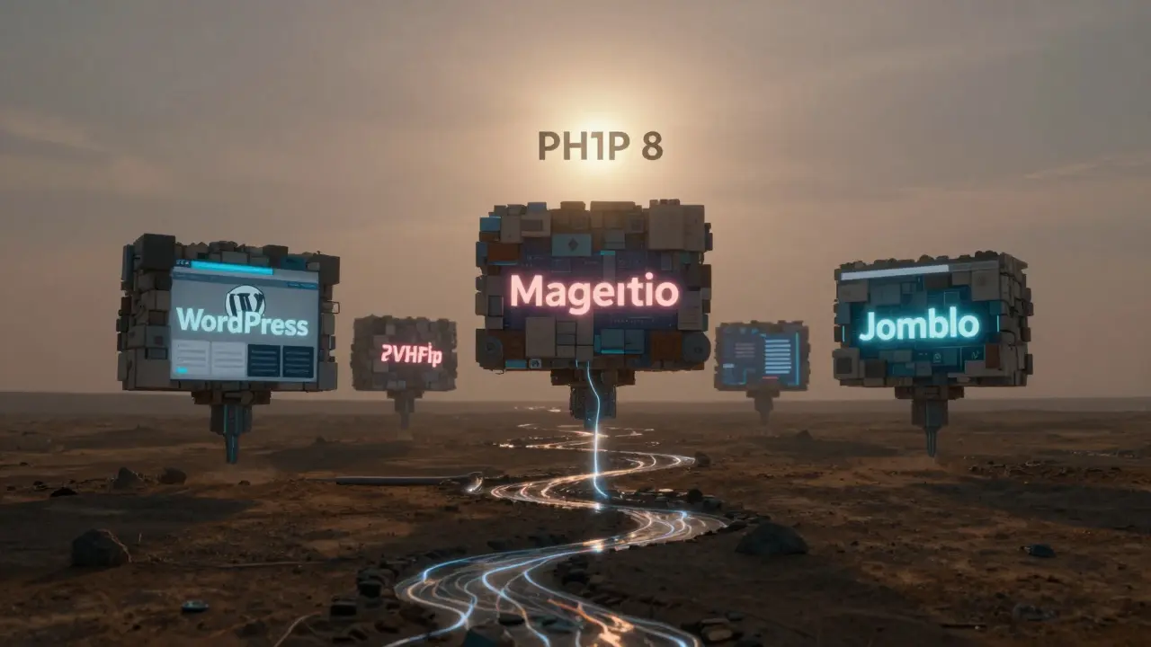 Webseiten als Türme, angetrieben von PHP-Strömen, unter einem PHP-8-Sonnenaufgang.