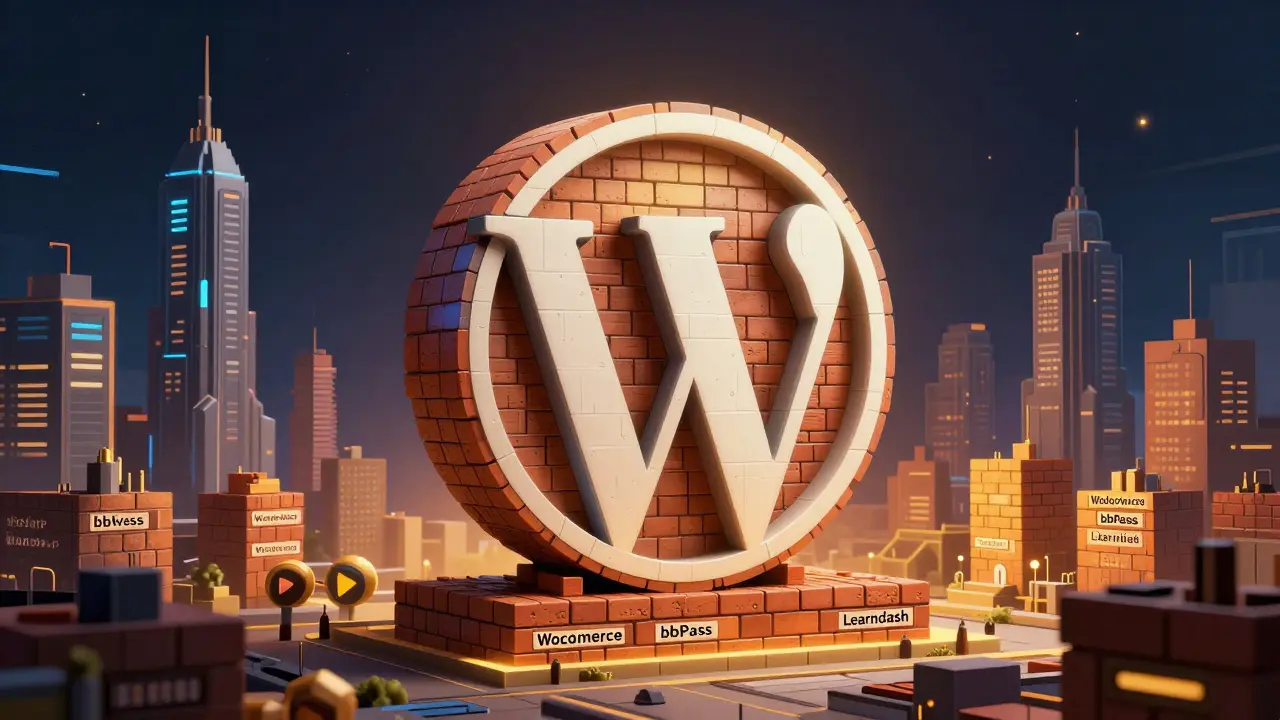 Welt aus WordPress-Websites als steinerner Turm, umgeben von modernen Technologietürmen, goldenes Licht strahlt von der Basis aus.