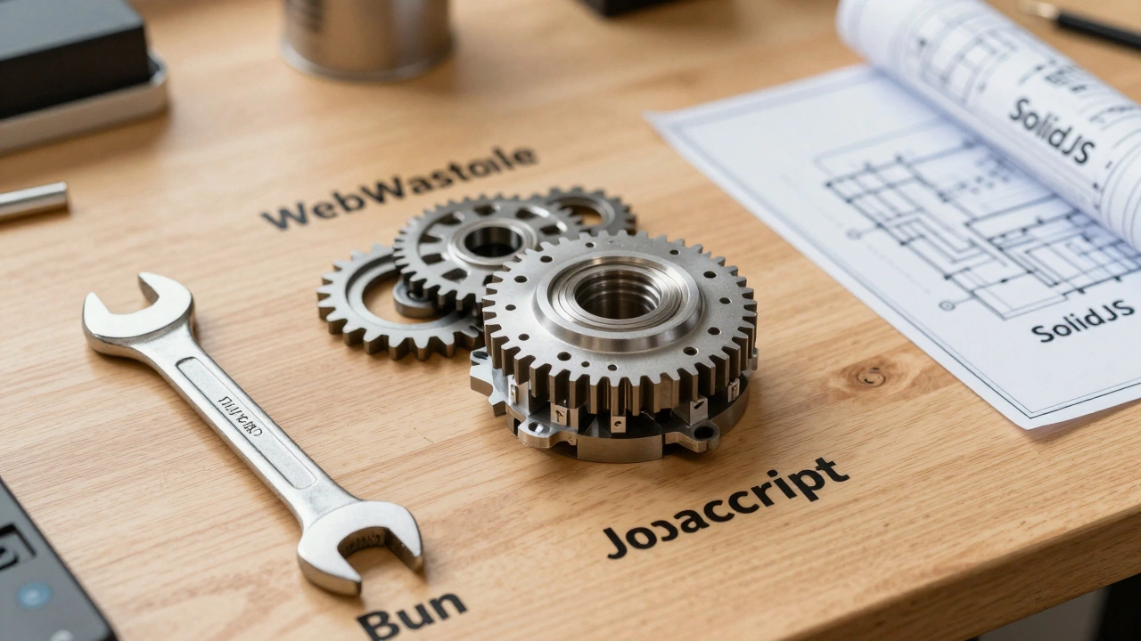 Werkzeuge der modernen Webentwicklung wie Bun, WebAssembly und SolidJS umgeben den JavaScript-Kern auf einer Werkbank.