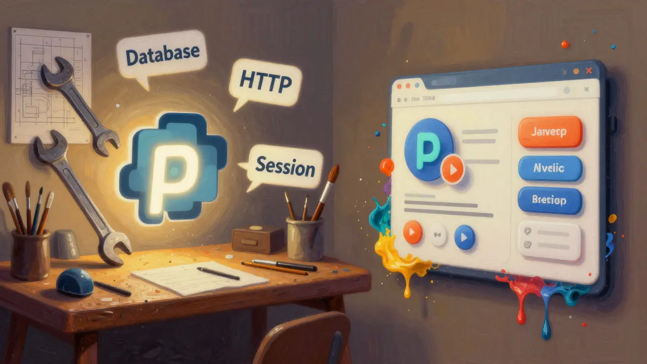 Workshop mit PHP-Werkzeugen neben einem Maleratelier für JavaScript-Interaktionen.