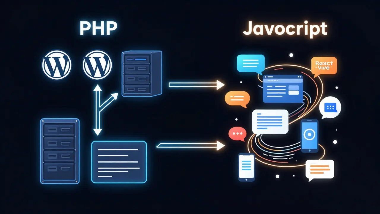 Zwei codebasierte Pfade: PHP führt zu WordPress und Servern, JavaScript zu modernen Apps und Echtzeit-Interaktionen.