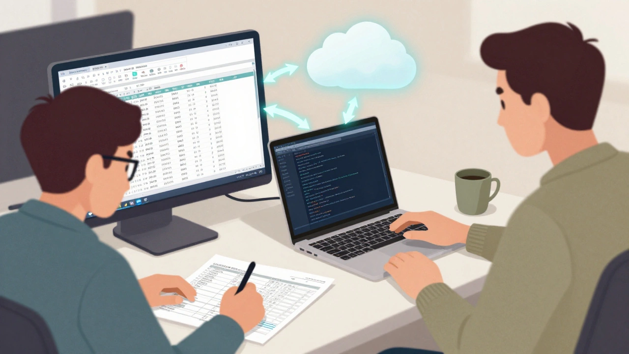 Zwei Personen in einem Büro: eine manuell mit Excel, andere automatisiert mit Python, digitale Daten fließen als Lichtströme.