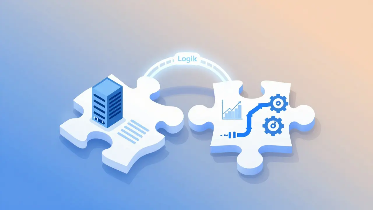 Zwei Puzzlestücke aus PHP und Python verbinden sich zu einer logischen Einheit mit Web- und Daten-Symbolen.