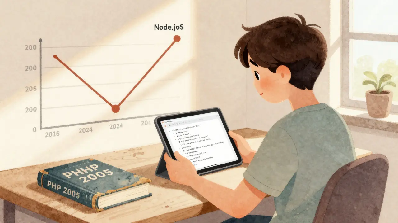 Anfänger lernt Python, während ein altes PHP-Buch danebenliegt