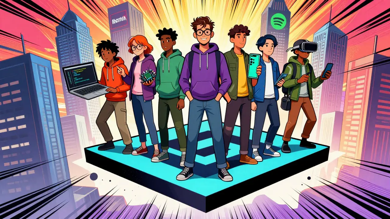 Comic-stil: Entwickler auf einer JavaScript-Plattform mit Tools für Web, IoT und KI, hinter ihnen bekannte Tech-Logos.