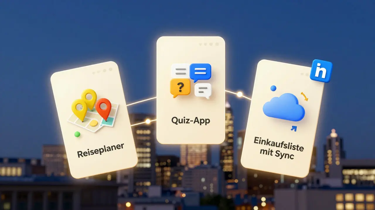 Drei digitale Projekte schweben über einer Stadt, verbunden mit GitHub und LinkedIn-Icons.