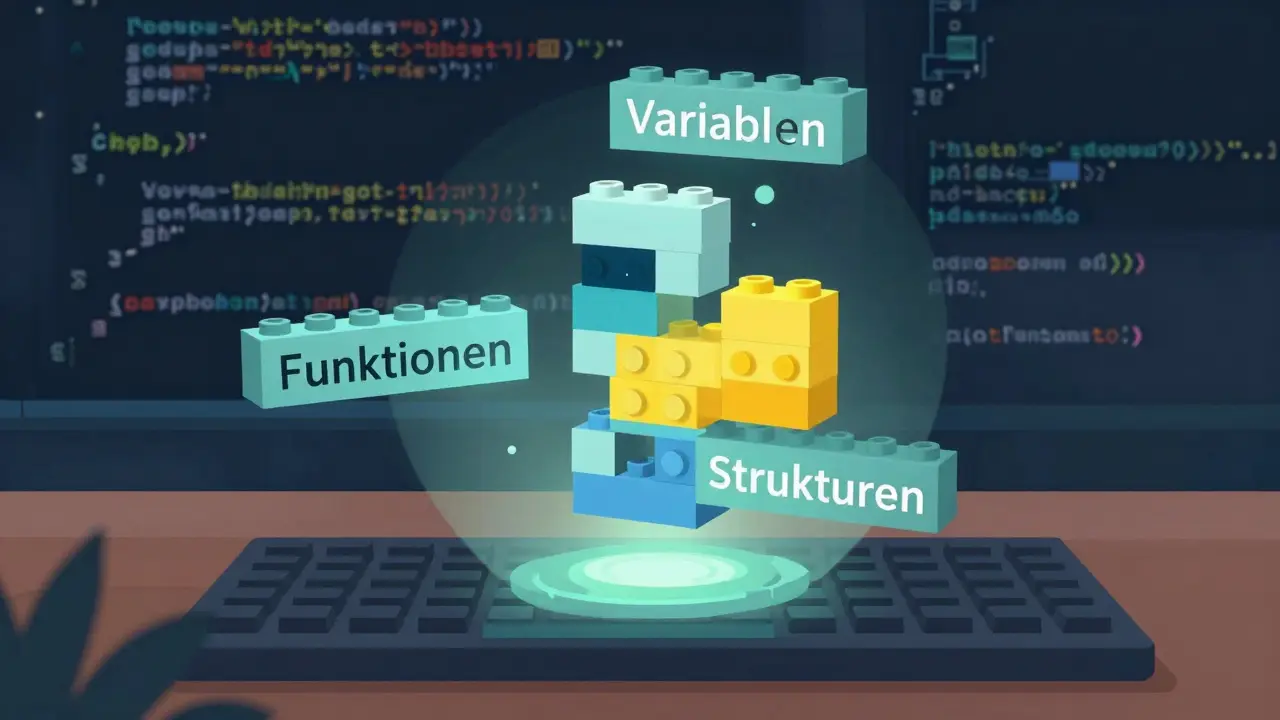 Drei Legosteine mit den Begriffen Variablen, Funktionen und Strukturen bauen eine leuchtende Python-Struktur.