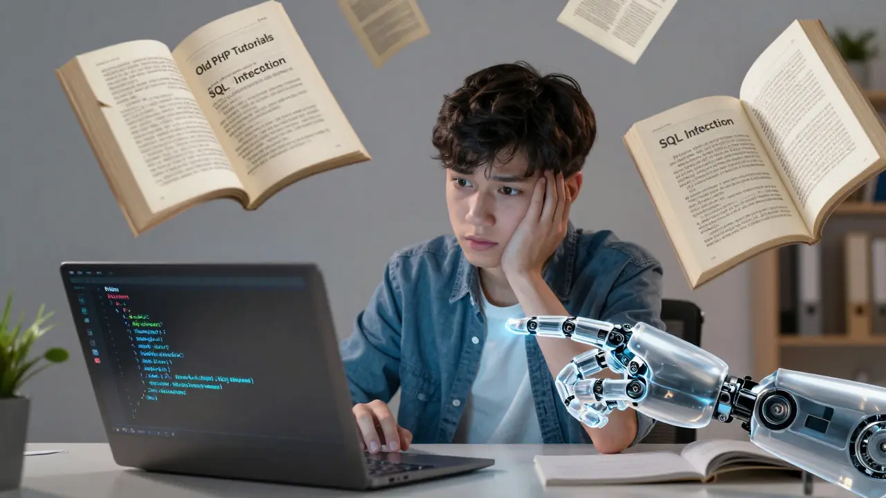 Ein Anfänger wird von einer transparenten Hand zu Python-Code geführt, während alte PHP-Tutorials zerfallen.