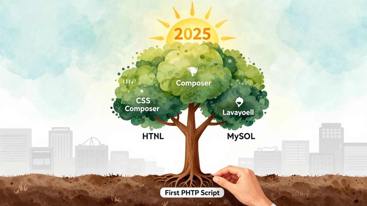 Ein Baum mit PHP als Stamm, dessen Wurzeln und Äste die Grundlagen der Webentwicklung darstellen.