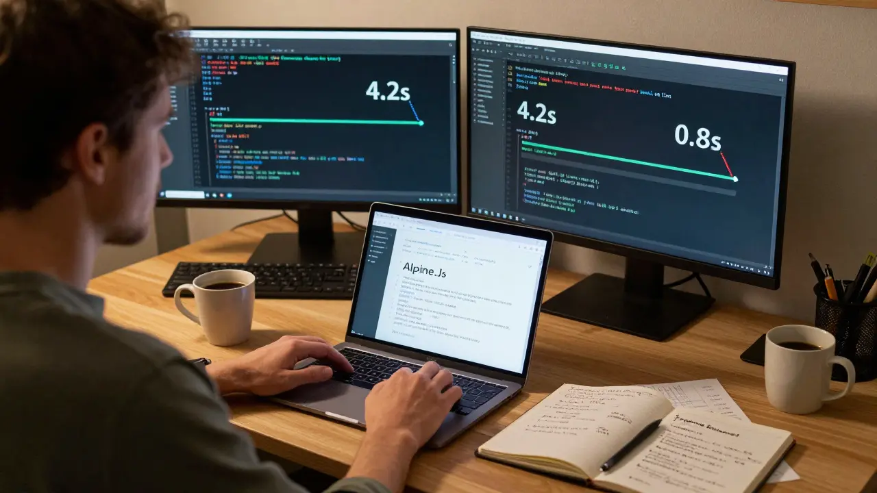 Ein Entwickler in einem deutschen Homeoffice, der leichtes JavaScript-Code überprüft, während Performance-Daten sichtbar sind.
