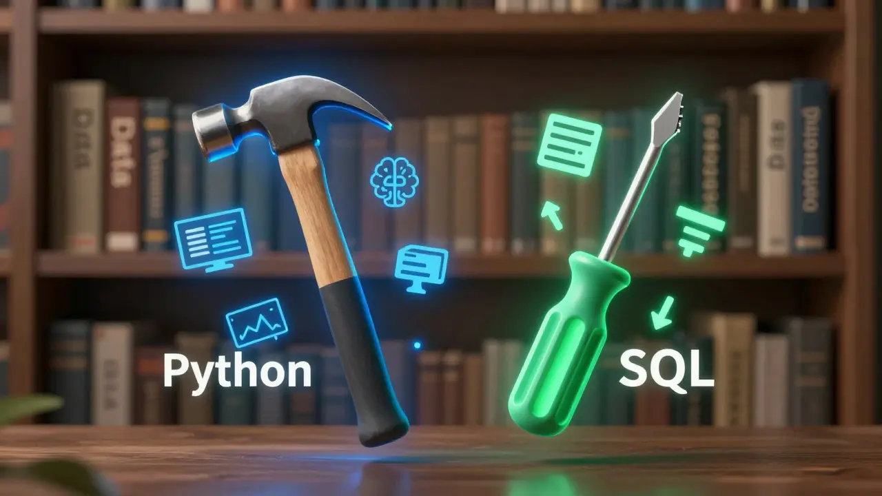 Ein Hammer und ein Schraubendreher als Symbole für Python und SQL in einem Bibliotheksraum.