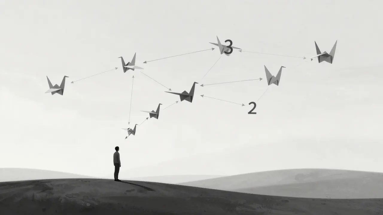 Ein Mensch steht in einer abstrakten Welt aus funktionalen Transformationen, wo alles unveränderlich bleibt – kein Code, nur Beziehungen.