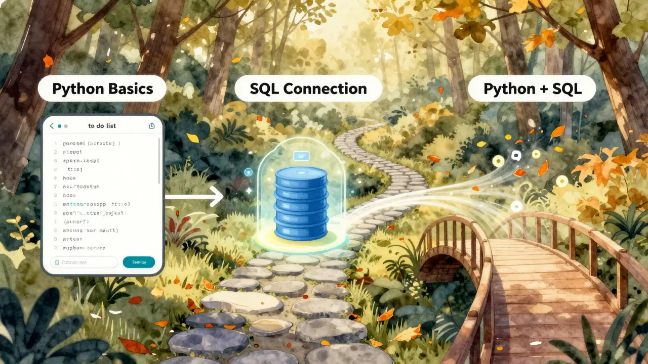 Ein Pfad durch einen Wald, der das Lernen von Python und SQL als fortschreitende Reise darstellt.