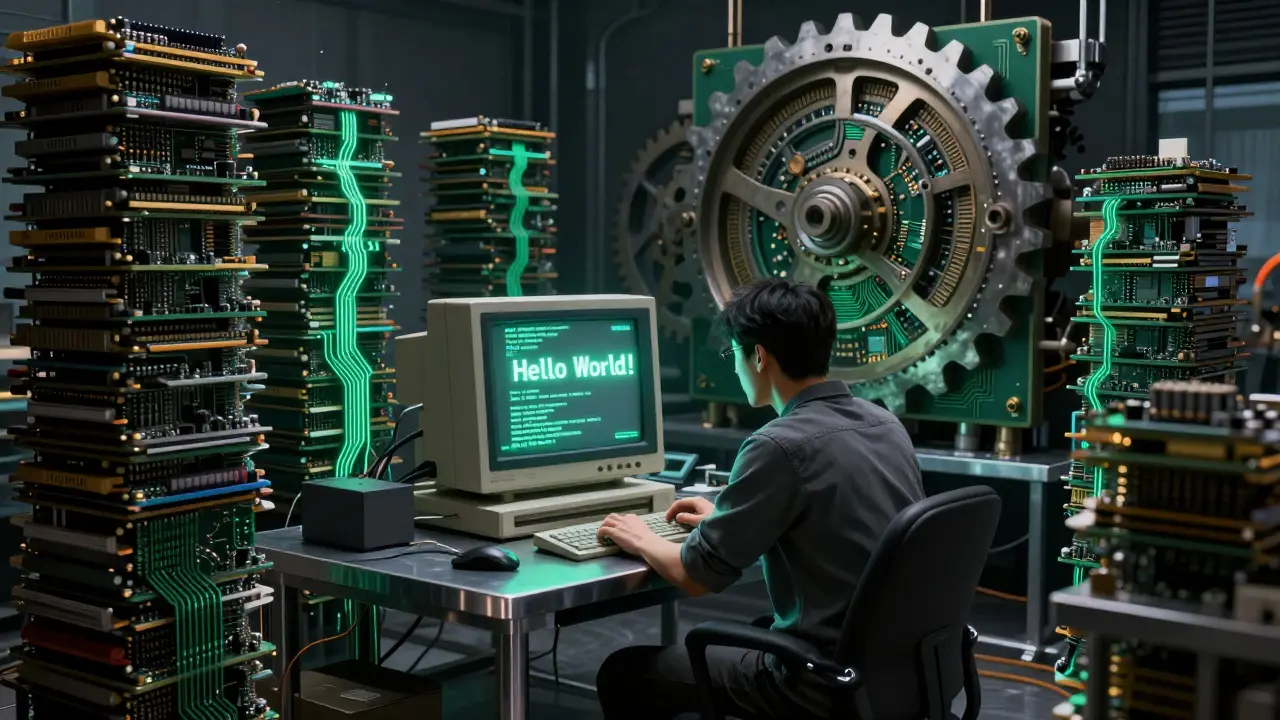 Ein Programmierer schreibt Assembly-Code vor einer Wand aus Schaltkreisen, während ein winziger 'Hello World'-Text auf einem Monitor erscheint.