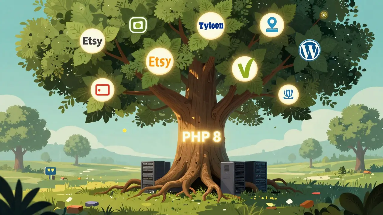 Ein riesiger Baum mit Wurzeln aus Servern und Ästen aus PHP-Frameworks, umgeben von digitalen Webseiten.
