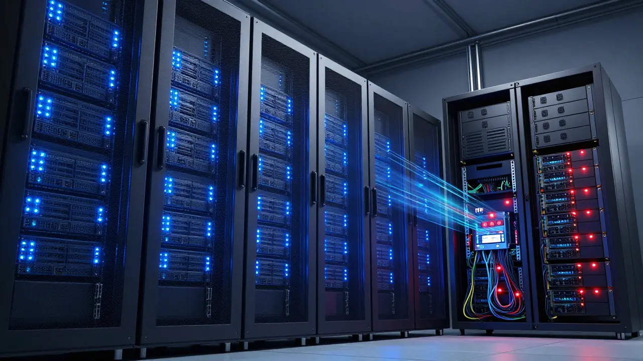 Ein Serverraum in Wien mit ruhigen Rust-Servern und überlasteten Python-Servern, dargestellt als kontrastierende Techniklandschaft.