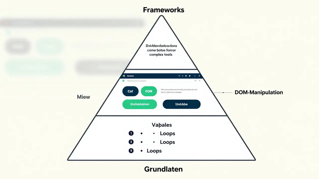 Eine dreistufige Pyramide zeigt die Lernstufen von JavaScript: Grundlagen, DOM-Manipulation und Frameworks in abgestufter Klarheit.