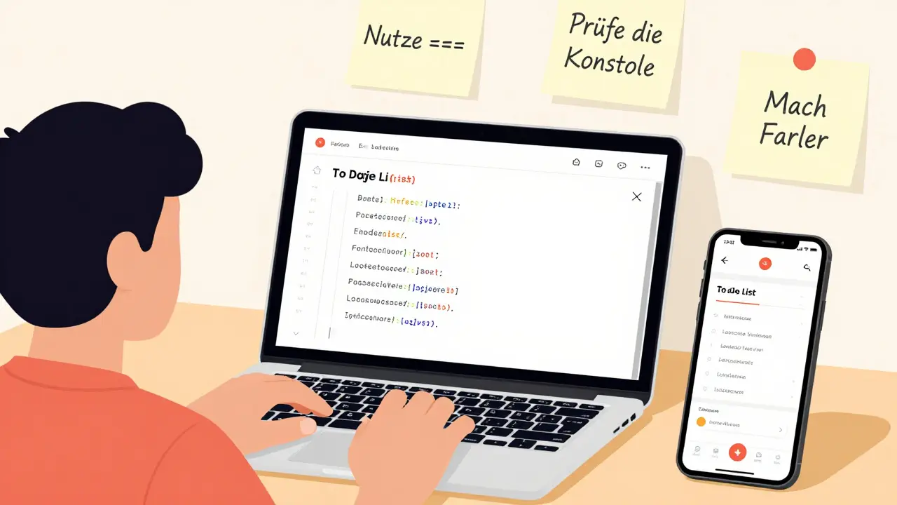 Eine Person baut eine To-Do-Liste mit localStorage, während Notizen mit JavaScript-Tipps an der Wand hängen.