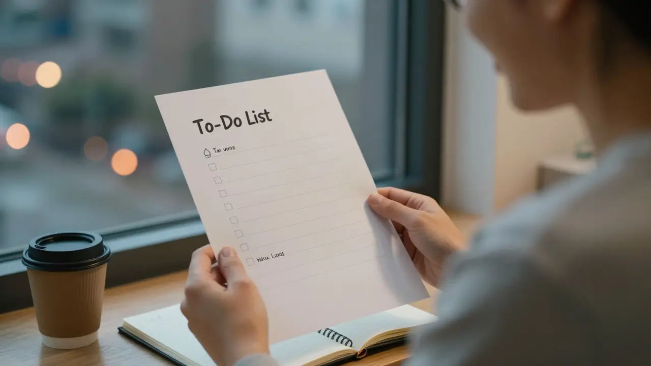 Eine Person hält eine gedruckte To-Do-Liste, lächelt, während draußen die Stadtlichter leuchten.