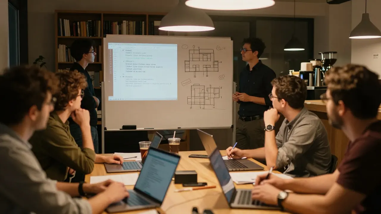 Entwickler bei einem PHP-Meetup in Wien, diskutieren Code an einem Whiteboard.