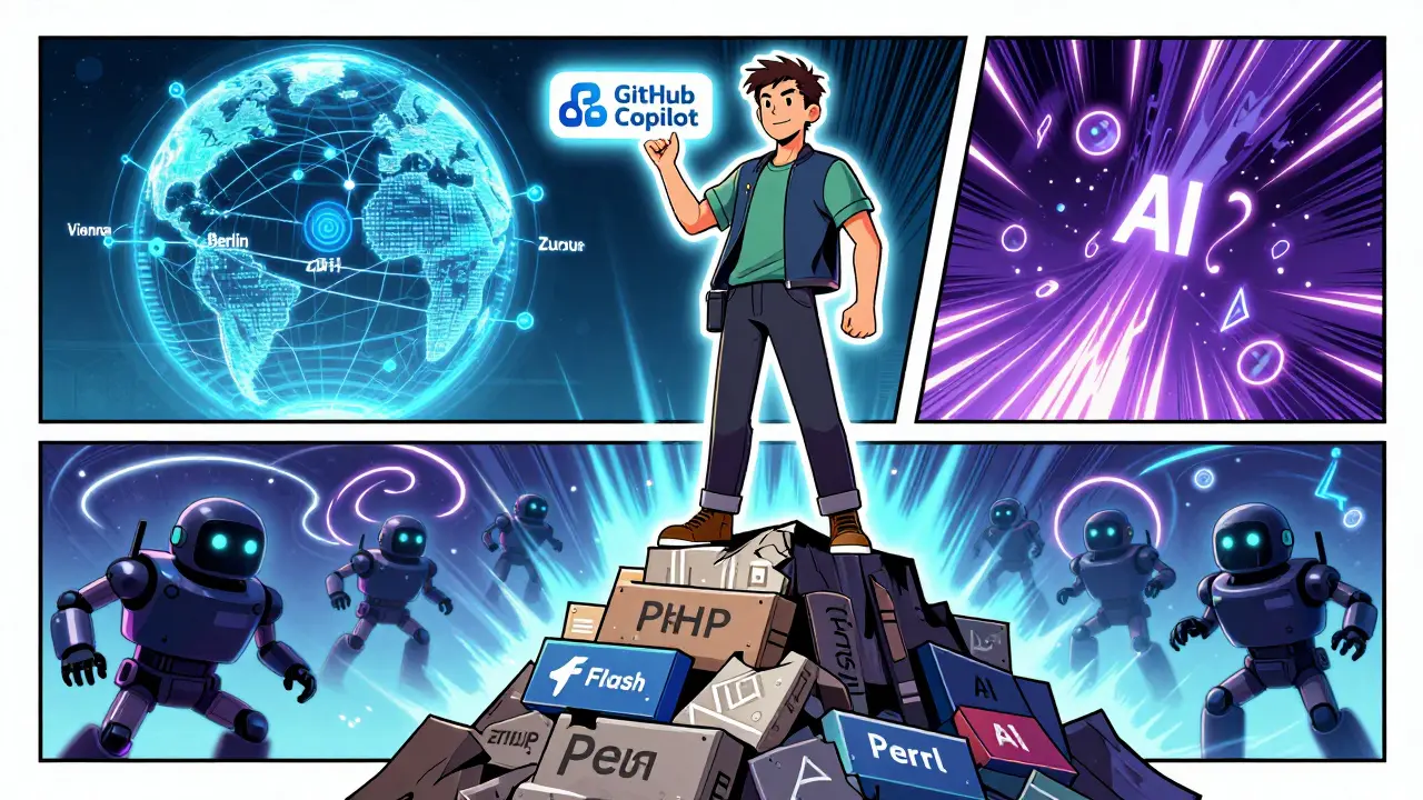Entwickler steht auf einem Berg veralteter Sprachen, hält ein KI-Tool, während eine digitale Welt um ihn herum pulsiert.