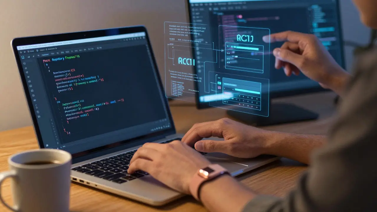 Entwicklerhände: eine bei einfachem Python-Code, die andere bei komplexem Rust-Code mit memory-Ownership-Diagrammen.