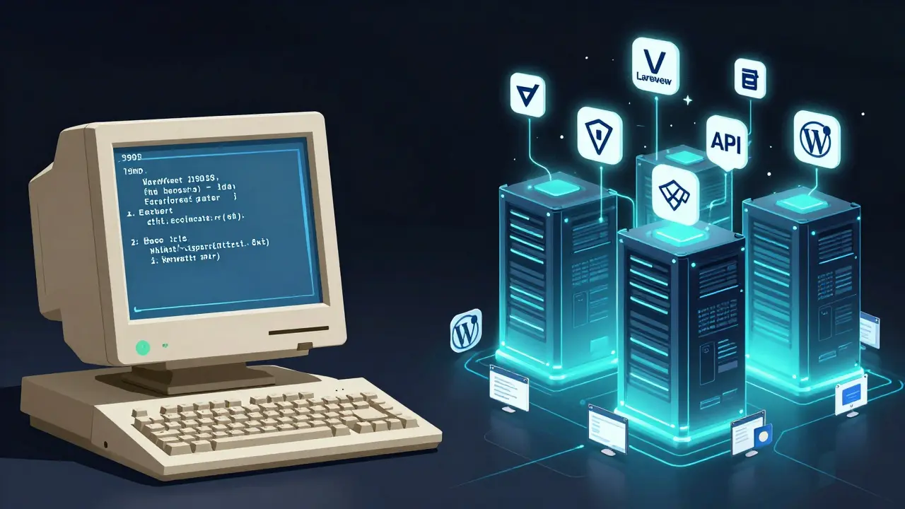 Entwicklung von PHP von einfachen Skripten zu modernen Frameworks wie Laravel und Symfony in einer konzeptuellen Darstellung.