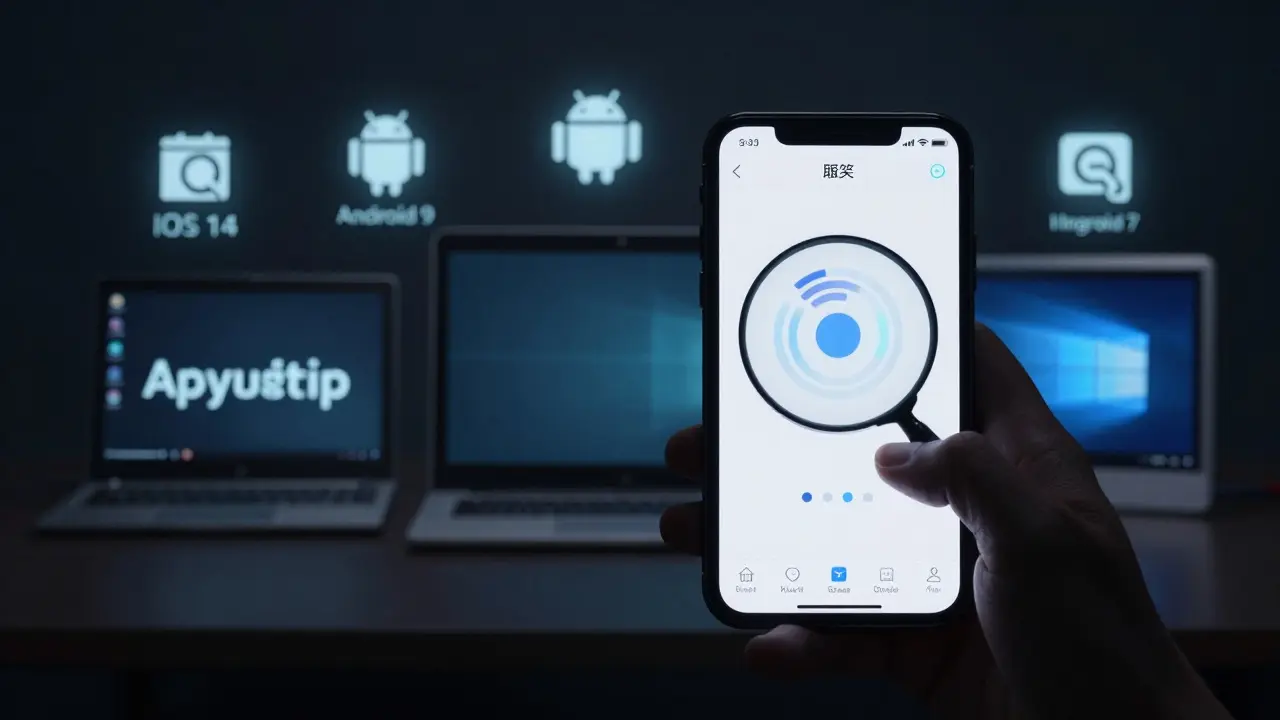 Froster Bildschirm einer App auf einem Smartphone, während veraltete Browsergeräte im Hintergrund sichtbar sind.