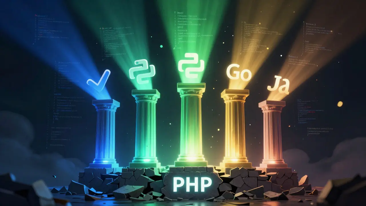 Fünf leuchtende Technologiesäulen steigen aus einem zerfallenden PHP-Block auf