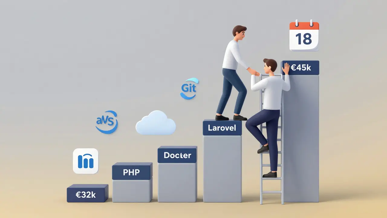 Karriereleiter aus Code-Bausteinen, die von 32.000 € zu 45.000 € Gehalt führt.