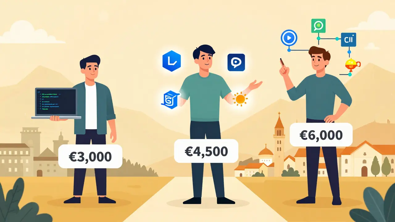 Karrierepfad eines PHP-Entwicklers: von Einsteiger über Mittelstufe bis Senior mit steigendem Gehalt.