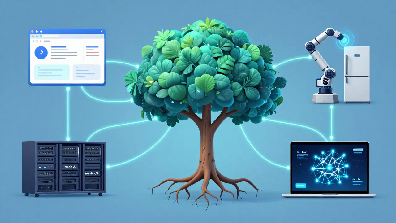 Konzeptuelle Baumdarstellung von JavaScript, die sich in Browser, Server, Roboter und KI verzweigt.