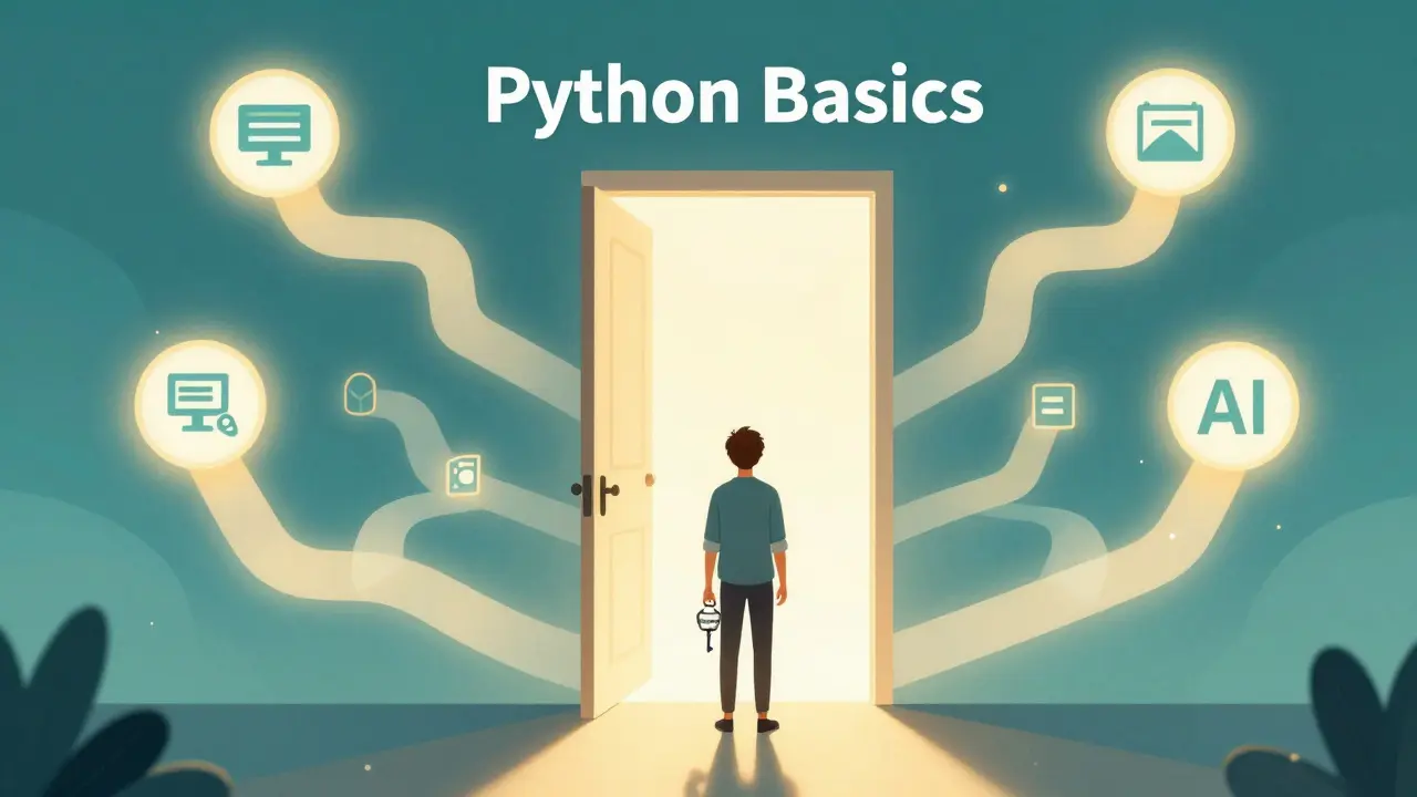 Mensch an einem Tor mit Python-Anwendungswegen: Web, Daten, Automatisierung, KI, goldenes Licht.