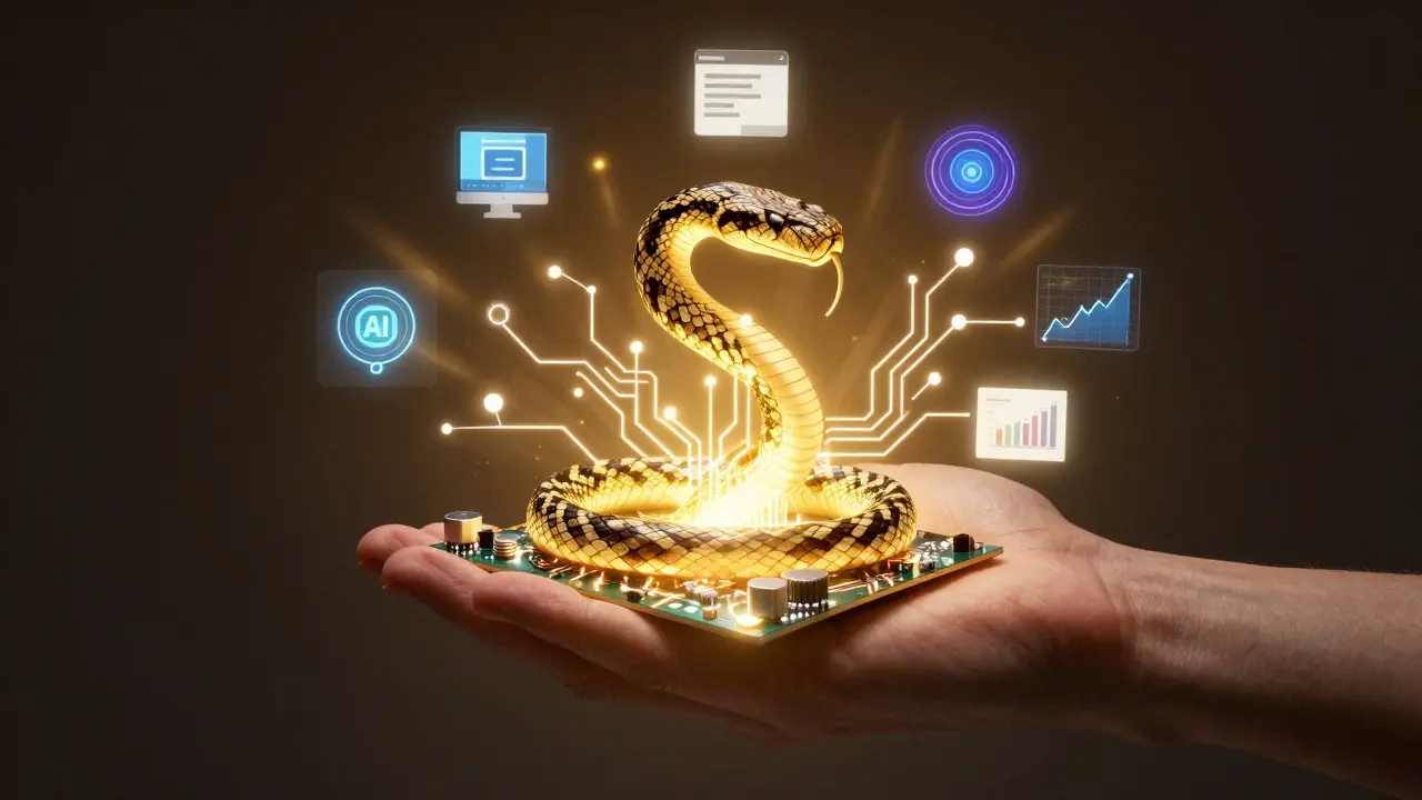 Menschliche Hand hält eine leuchtende Python-Schlange, umgeben von digitalen Symbolen für Technologien.