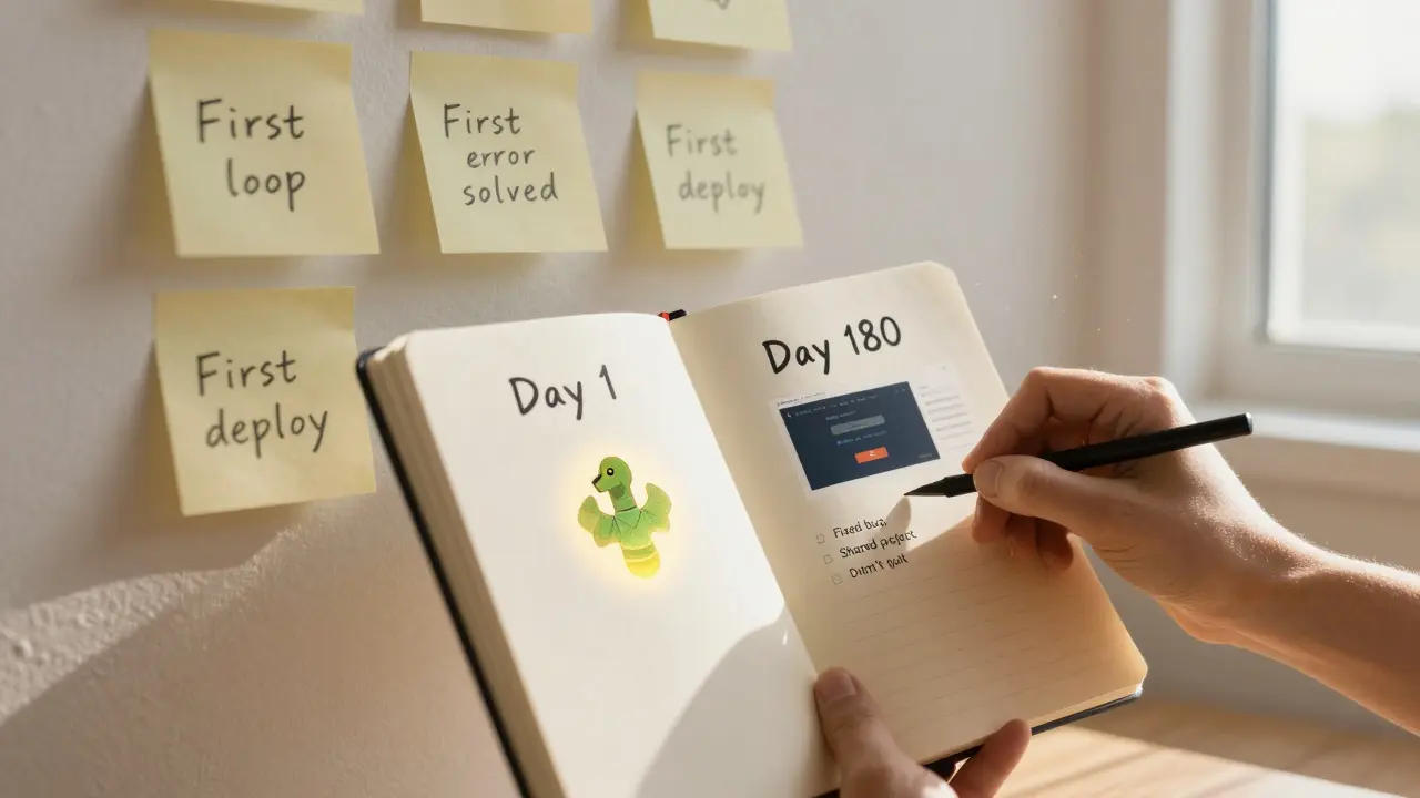 Notizbuch mit Einträgen von Tag 1 bis Tag 180, dokumentiert die Lernreise eines Python-Anfängers.